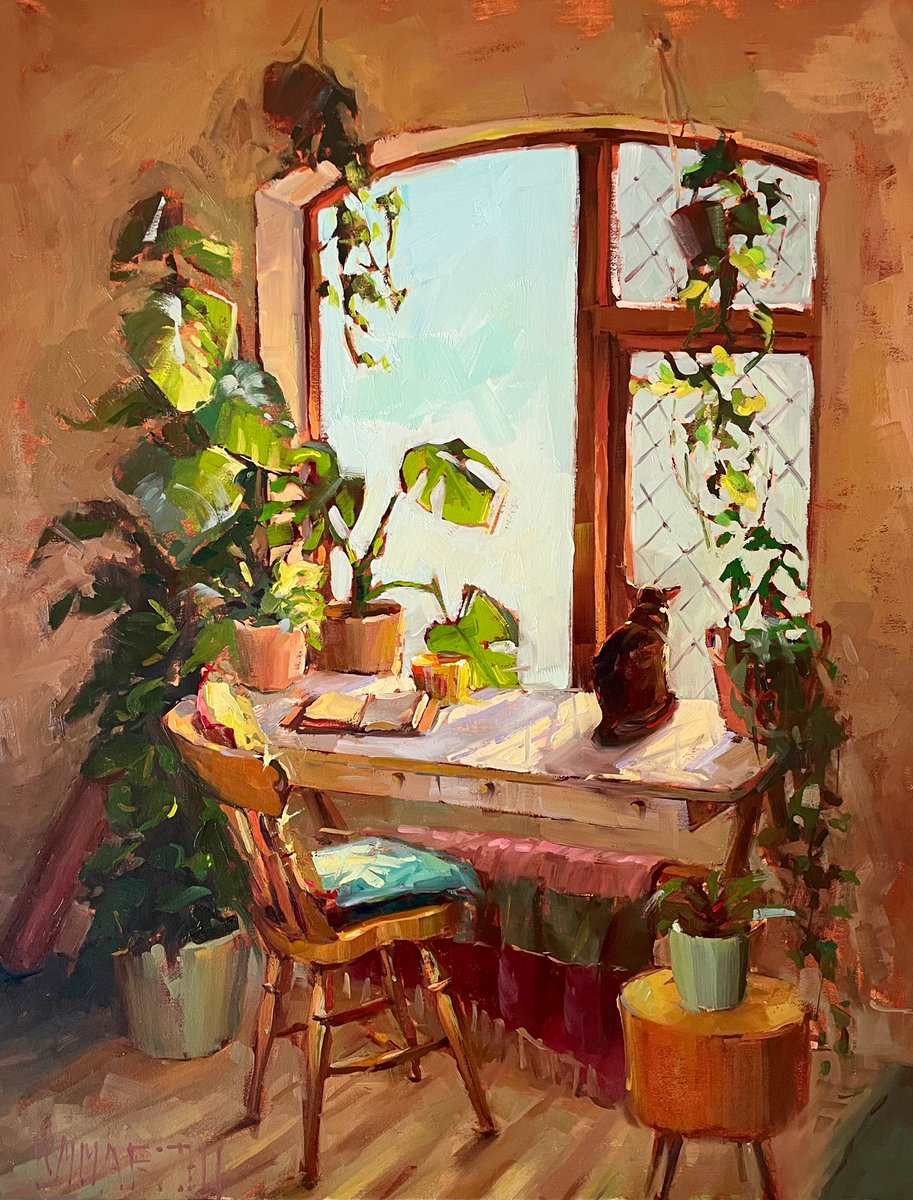 “Day Dreaming” - 35x45cm - oil on canvas 
.
I had so much fun painting this scene, and especially the cat 😄
.
#interiorart #morninginspiration #artistlife