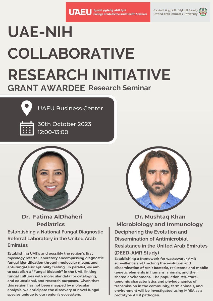 Seminar by Dr. Fatima AlDhaheri &amp; Dr. Mushtaq Khan, focusing on their achievement in securing two of six  <a href="/NIH/">NIH</a> grants funded for the 1st time in #UAE by UAE-NIH-Collaborative Research Initiative. <a href="/UAEU_NEWS/">جامعة الإمارات العربية المتحدة</a> #Home_of_Research_UAE <a href="/NIAIDNews/">NIAID News</a> <a href="/aljalilauae/">Al Jalila Foundation</a> <a href="/MBRUniversity/">MBRU</a> <a href="/Khalifa_Uni/">Khalifa University</a>