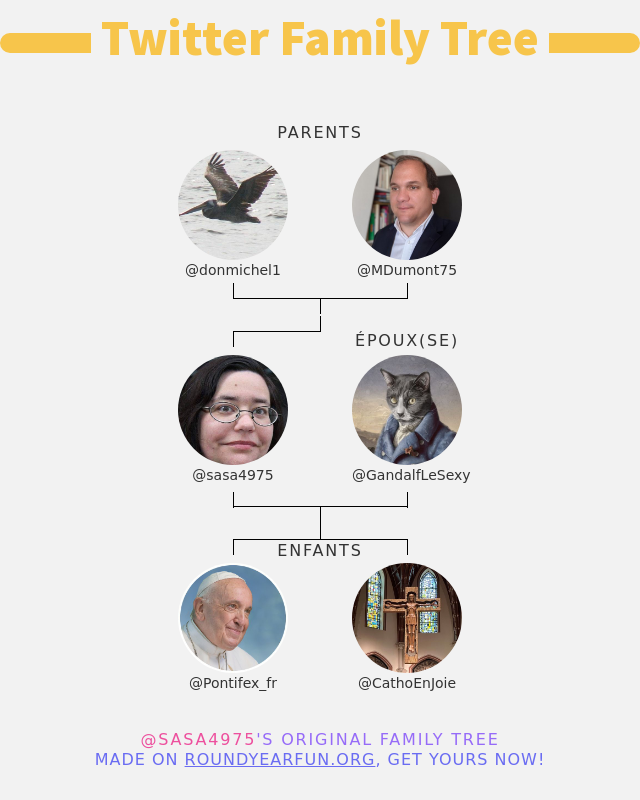 👨‍👩‍👧‍👦 Ma Famille Twitter:
👫 Parents: @donmichel1 @MDumont75
👰 Époux(se): @GandalfLeSexy
👶 Enfants: @Pontifex_fr @CathoEnJoie

➡️ funxgames.me/twitterfamily?…