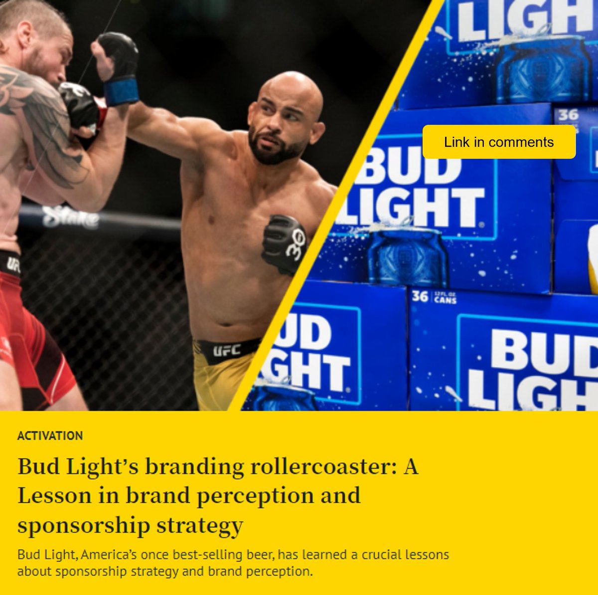 After a disastrous partnership with trans-activist Dylan Mulvaney, Bud Light has turned to the UFC in a $100m sponsorship deal. 

thesponsor.com/bud-lights-bra…

#sponsorship #brandperception #ufcsponsorship #BudLight #ufc #PR #brandreputation #thesponsor