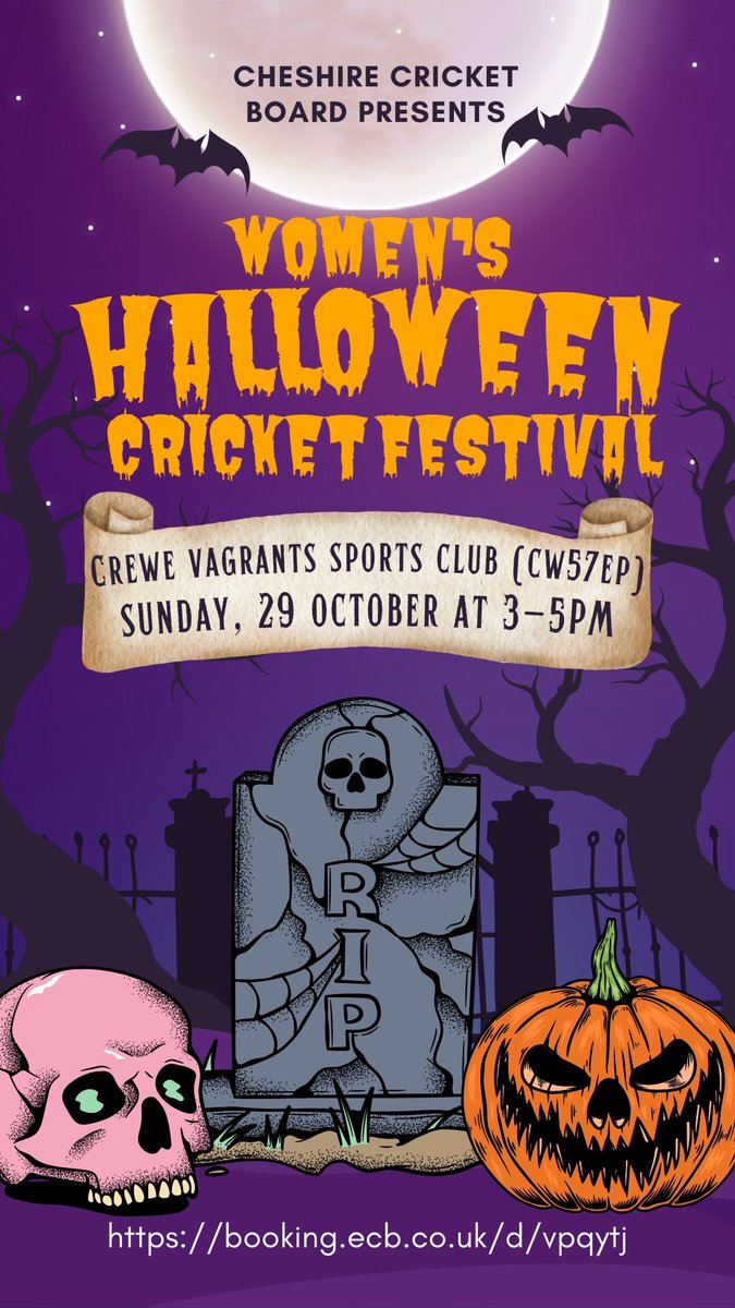 booking.ecb.co.uk/d/vpqytj Come & join us this Sunday at our Womens Halloween Cricket Festival @CreweVagrantsHC All ages & abilities welcome! 3pm-5pm £4 per player Prizes for best fancy dress 👻 🎃booking link above ⬆️⬆️⬆️