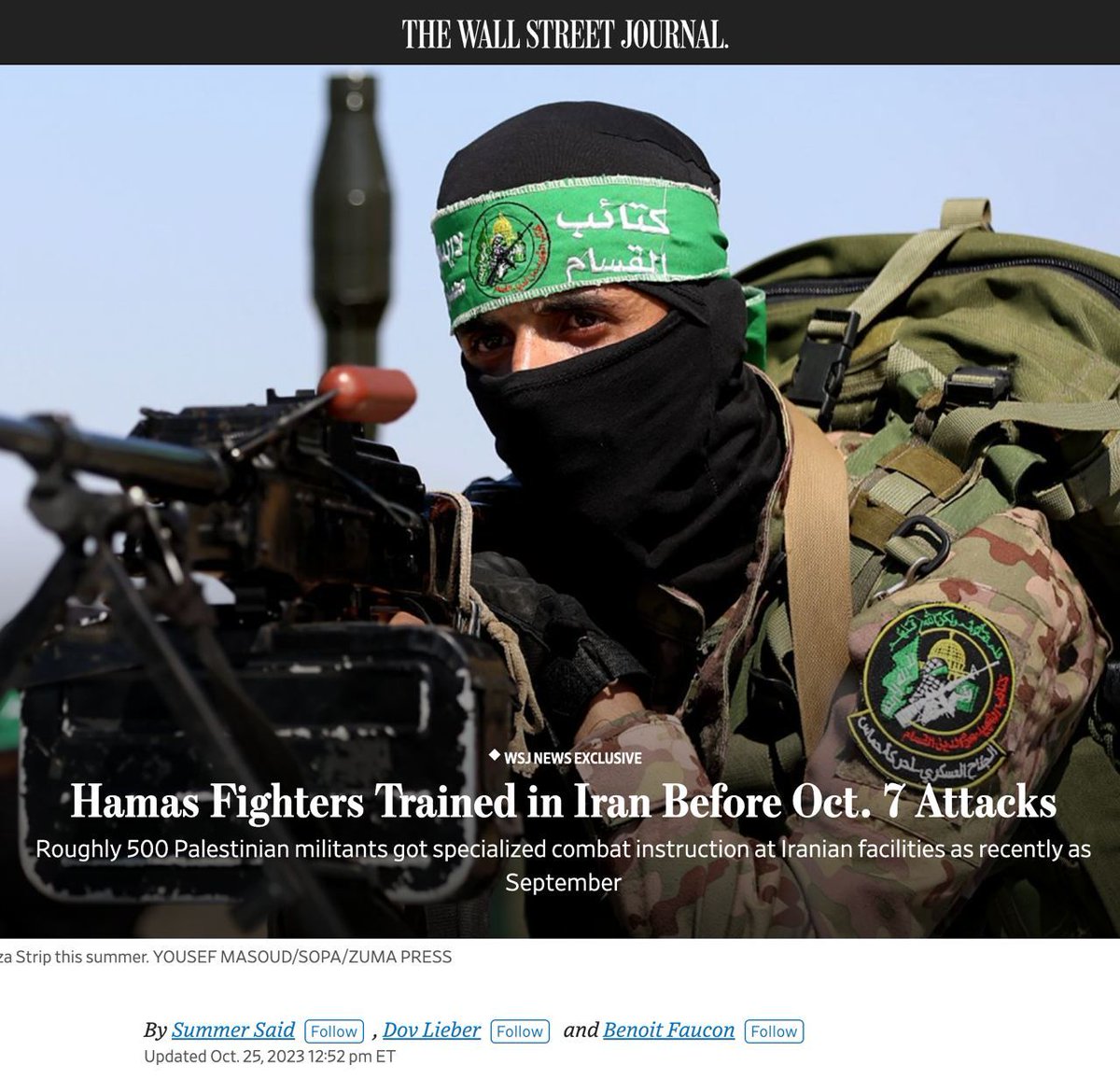About 500 Hamas and Palestinian Islamic Jihad terrorists were trained in  Iran shortly before the attack on Israel, The Wall Street Journal reported,  citing sources familiar with the intelligence., image size:1200x1156