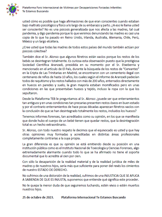 PlataformaTEB's tweet photo. Comunicado de nuestra Plataforma en respuesta a las manifestaciones realizadas ayer por el responsable del Instituto Nacional de Toxicología en @el_pais esta semana. https://t.co/f9ptZo5649