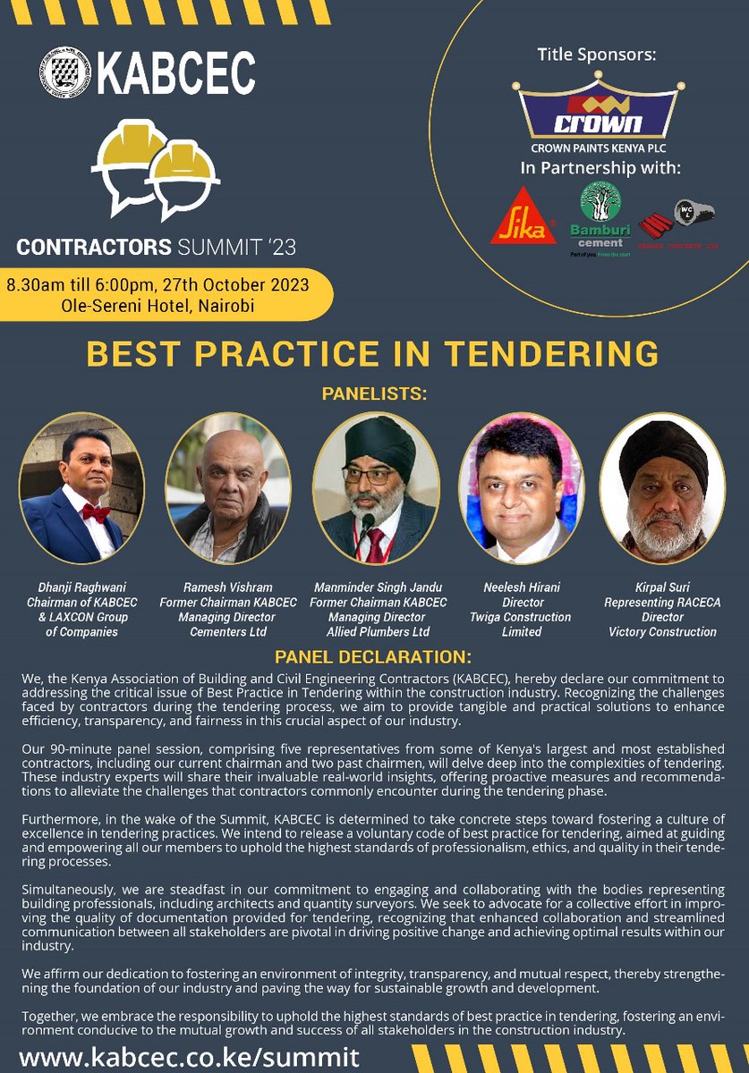 Join RACECA as we discuss "Best Practices in Tendering" at the the  Inaugural Contractors' Summit which will take place on Friday, 27th of October 2023 at Emara Ole Sereni.