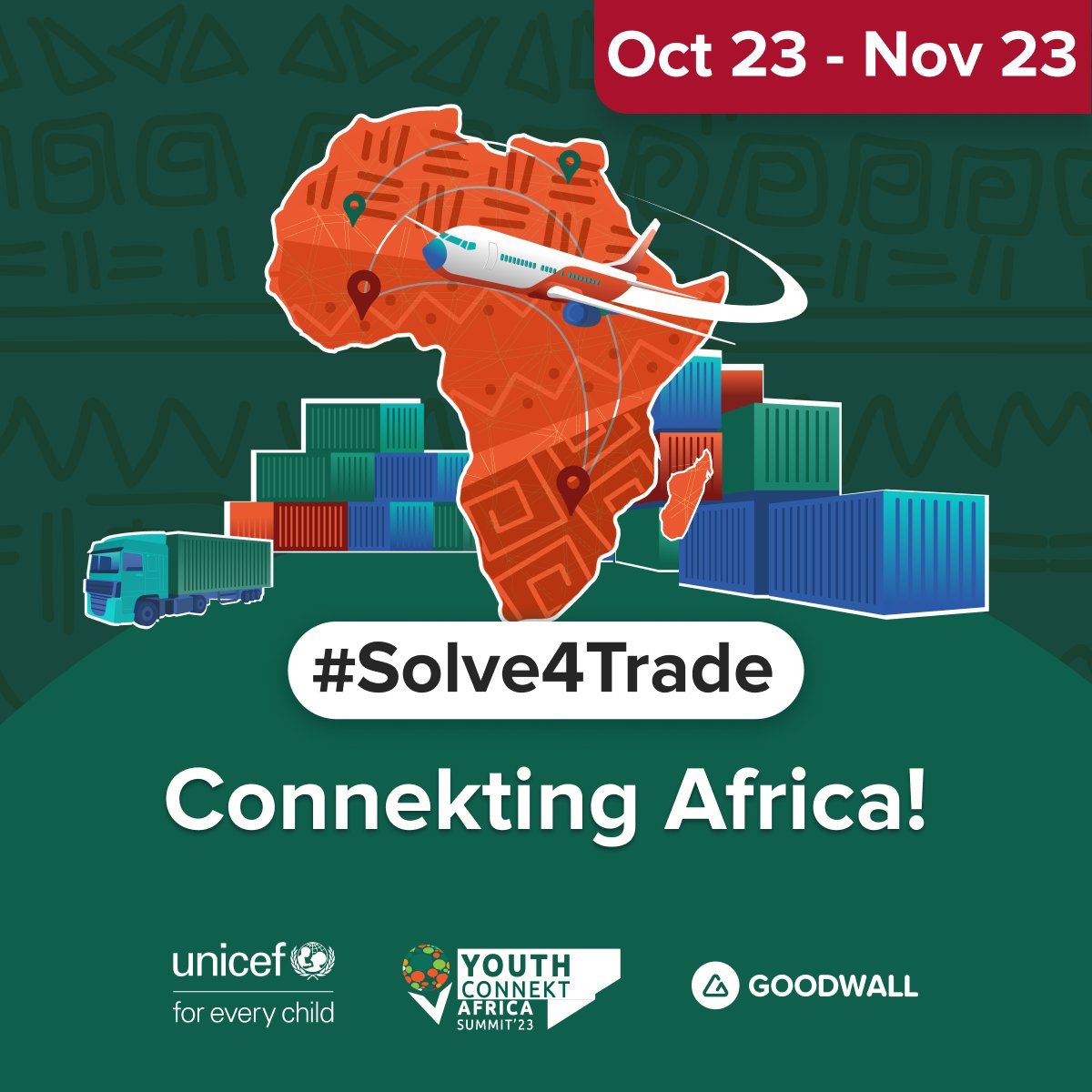 Dear African #Youth, we are delighted to present you with a one of a kind challenge to #Solve4trade in #Africa!
Join us in exploring new ideas to unlock #trade across the continent. Check it out on our #Goodwall: t.ly/wAZLX

#UNICEF #Goodwall #YouthConnektAfrica2023