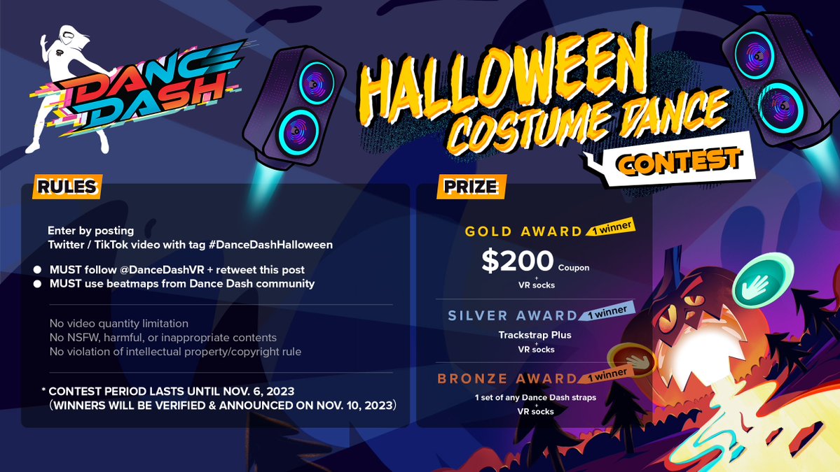 🎃Get ready to show us your boo-gie moves in #VR ! The #DanceDashHalloween Event is here! 👻

Mod, Dance, and Share for a chance to win spooktacular prizes!🎁

Join in our community and learn more at discord.gg/DanceDash

#DanceDashVR #Halloween2023 #VRgame #VIVEtracker