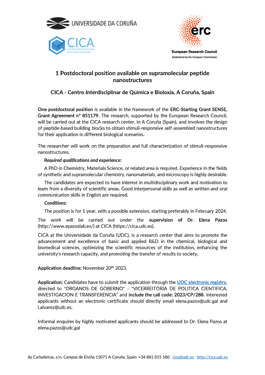 Elena Pazos (@elena_pazosch) on Twitter photo 📢📢We're hiring!📢📢
We're looking for a POSTDOC with experience in (bio)materials to work in the framework of the
<a href="/ERC_Research/">European Research Council (ERC)</a> STG project SENSE.
⏰ Deadline Nov. 20‼️RT appreciated
<a href="/CICAUDC/">CICA</a> <a href="/UDC_gal/">Universidade da Coruña</a>
More info: 👇👇👇 📢📢We're hiring!📢📢
We're looking for a POSTDOC with experience in (bio)materials to work in the framework of the
<a href="/ERC_Research/">European Research Council (ERC)</a> STG project SENSE.
⏰ Deadline Nov. 20‼️RT appreciated
<a href="/CICAUDC/">CICA</a> <a href="/UDC_gal/">Universidade da Coruña</a>
More info: 👇👇👇