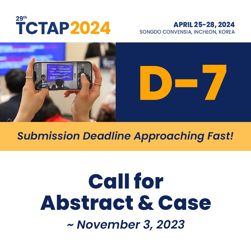 Submission Closes in 7️⃣ Days! Present your insightful abstracts and cases on the world stage at #TCTAP2024, and get your findings published on #JACC as well. Check out the submission guidelines from the link below! 🔗Find out more: bit.ly/3OtD7Du
