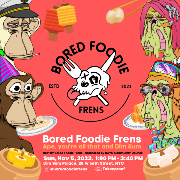 Gm my Frens,  8 days to <a href="/BoredApeYC/">Bored Ape Yacht Club 🍌</a> #ApefestHK  

For Ape Fam staying local near NYC , Please join us for our local community Event sponsored by <a href="/BaycCouncil/">BAYC Council 🍌</a> on Nov 5  1 pm EST

1st come 1st served <a href="/tokenproof/">tokenproof.xyz</a>  claims will begin on Friday 10/27 12 noon Est announce here !!!
