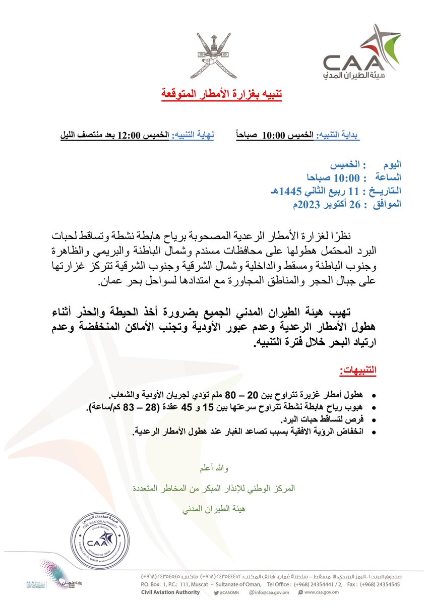 vww_u's tweet photo. ⚠️تنبيه بغزارة الأمطار المتوقعة اليوم على المناطق الجبلية لمحافظات مسندم وشمال الباطنة والبريمي والظاهرة وجنوب الباطنة ومسقط والداخلية وشمال الشرقية وجنوب الشرقية
#شبكة_أخبار_الغيث https://t.co/JyP3mLel1s