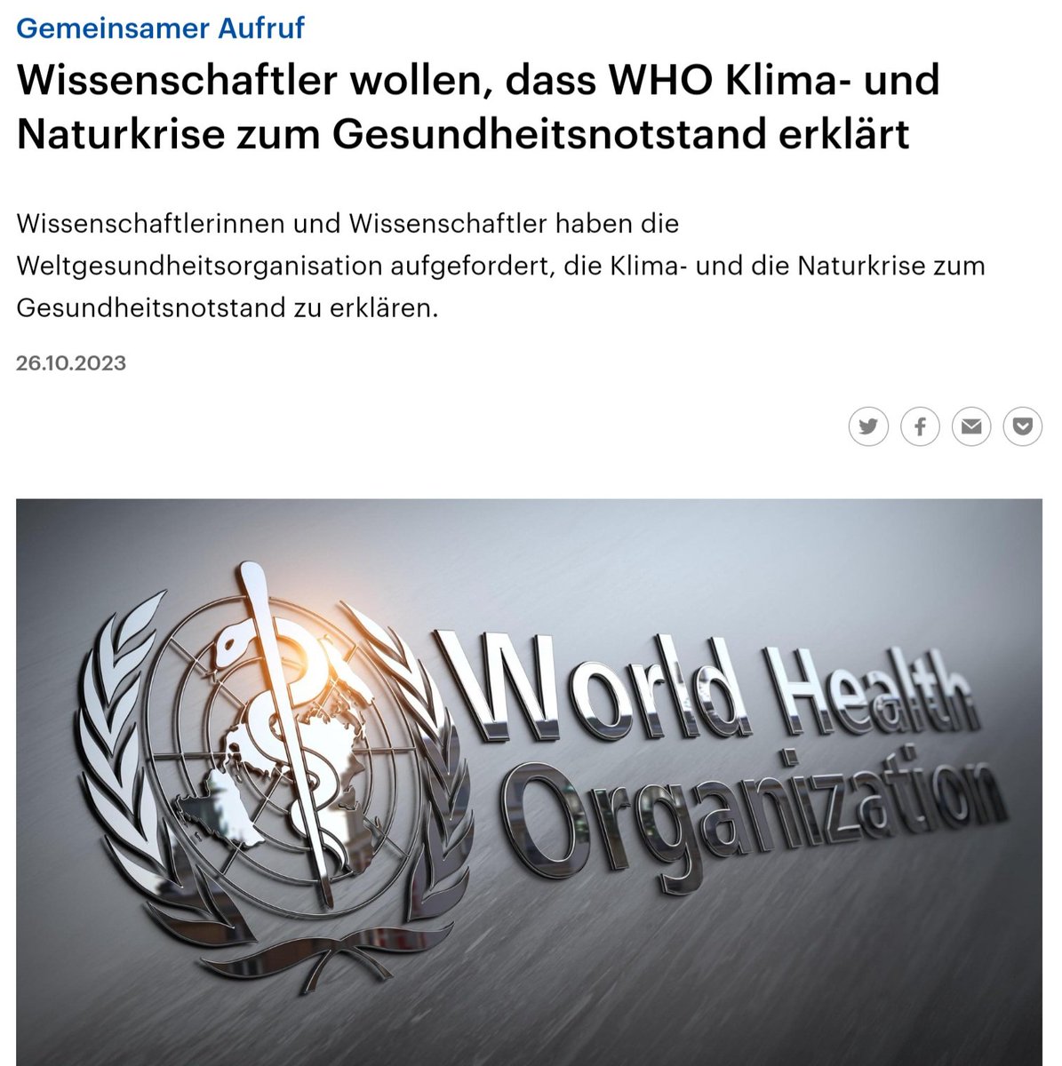 Unfassbar 👇 'Mehr als 200 Fachjournale rufen die #WHO auf, noch vor 2024 die Klimakrise zum GESUNDHEITSNOTSTAND zu erklären. Zuletzt geschah dies während der #Corona-Pandemie.' Tedros (WHO)'Wir dürfen keine Gelegenheit verpassen, Maßnahmen zu ergreifen.' deutschlandfunk.de/wissenschaftle…