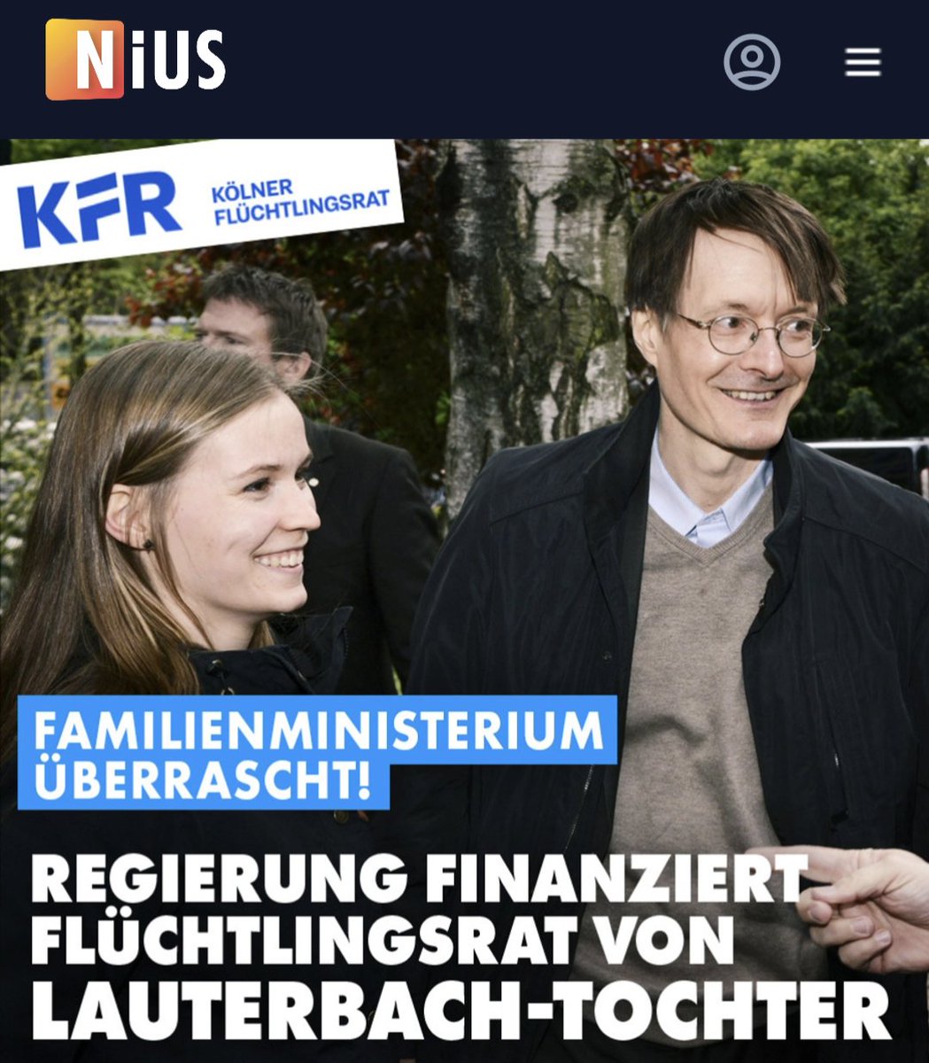 BREAKING NIUS: Die Tochter von Karl Lauterbach setzt sich beim Flüchtlingsrat gegen Abschiebungen ein. Und ausgerechnet ihre Organisation wird als einziger Flüchtlingsrat von der Bundesregierung mit Steuermitteln gefördert. Was für ein Zufall! nius.de/Politik/famili…