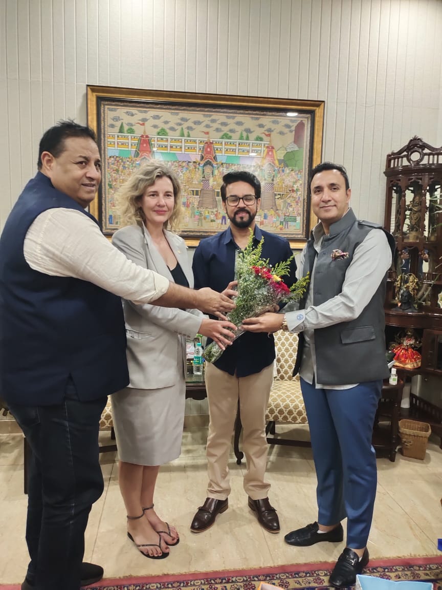 Just met Shri Anurag Singh Thakur (Minister of Youth Affairs & Sports, GOI), along with my colleagues, Ms. @DanaReiznieceOz (WGM from Latvia, MD of @FIDE_chess & Vice-president, European Chess Union), and Shri Bharat Singh Chauhan (Deputy President, Asian Chess Federation).