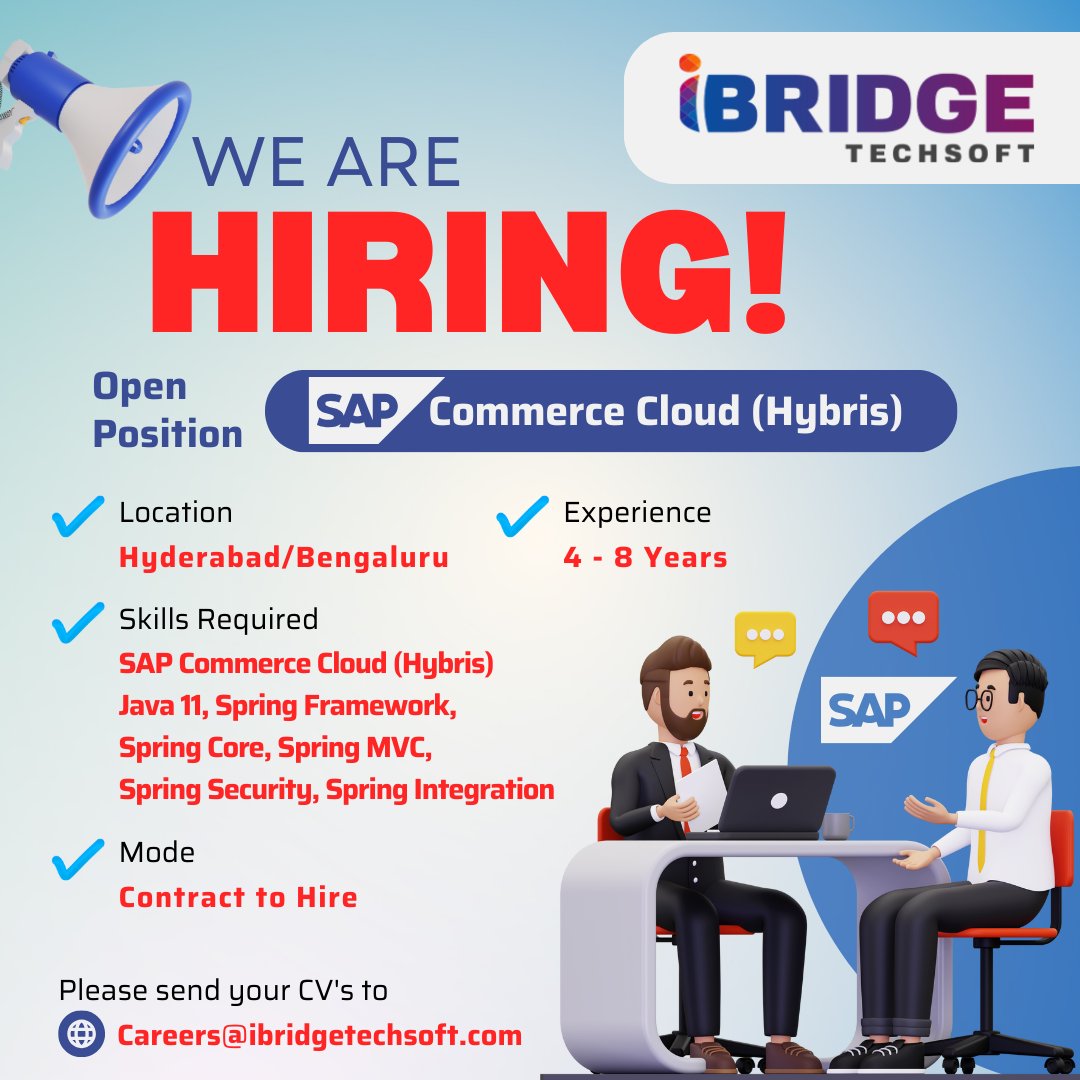 TechsoftIbridge's tweet image. Are you a talented professional with 4-8 years of experience in #SAPCommerceCloud (Hybris)?We&apos;re on the lookout for skilled individuals to join our team at #iBridgeTechsoft.
#HiringNow #Hybris #SAP #Java11 #SpringFrameWork #SpringCore #SpringMVC #SpringSecurity #SpringIntegration