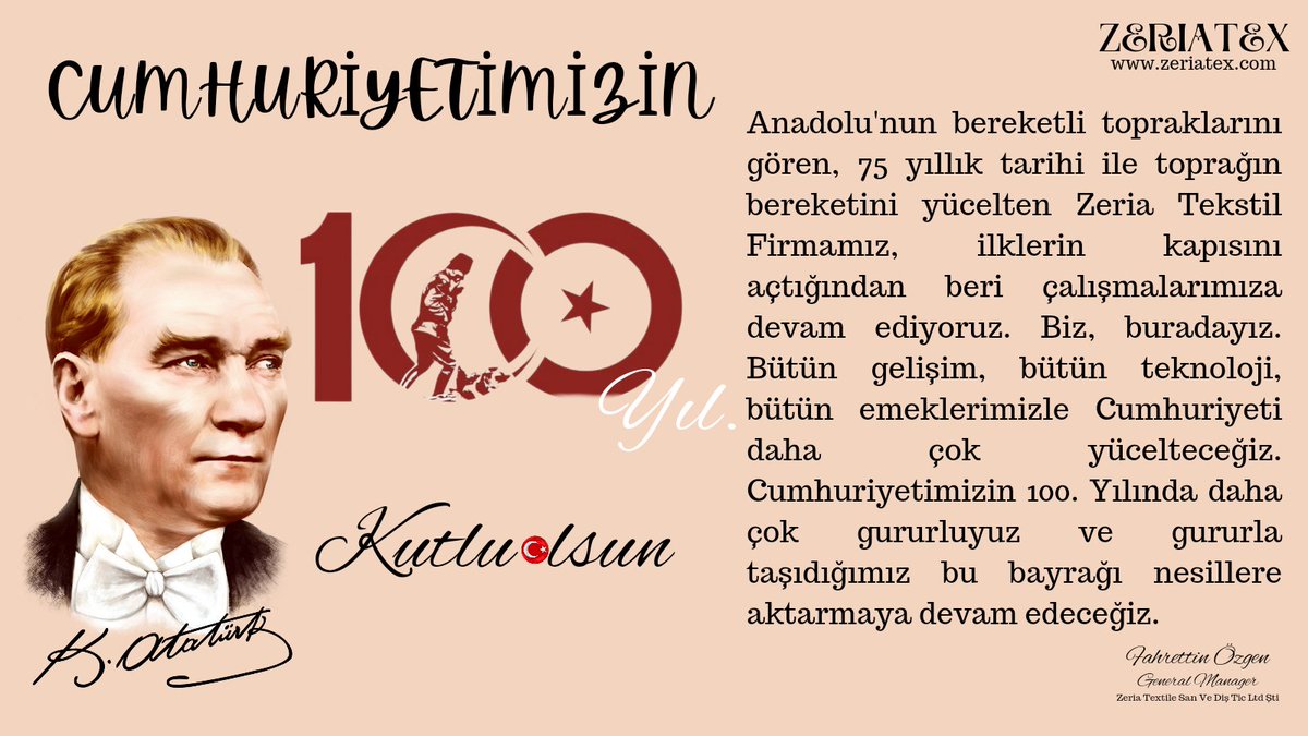 zeriatex's tweet photo. Anadolu'nun bereketli topraklarını gören, 75 yıllık tarihi ile toprağın bereketini yücelten firmamız, ilklerin kapısını açtığından beri çalışmalarımıza devam ediyoruz.

Cumhuriyetimizin 100. Yılı Kutlu olsun.

#100yıllıkmiras #cumhuriyet100yaşında #cumhuriyetbayramı #100yaşında https://t.co/zCpsRGuATf