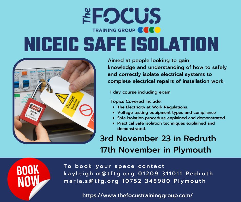 focustrainingsw's tweet photo. NICEIC SAFE ISOLATION Course on November 3rd in Redruth - Only 2 spaces left!!!
📧 Contact: kayleigh.m@tftg.org
📞 Phone: 01909 311011
17th November - Plymouth - contact maria.s@tftg.org 01752 348980
#ElectricalSafety #TrainingCourse #NICEIC #SafeIsolation #Redruth https://t.co/INzzDmTFzm