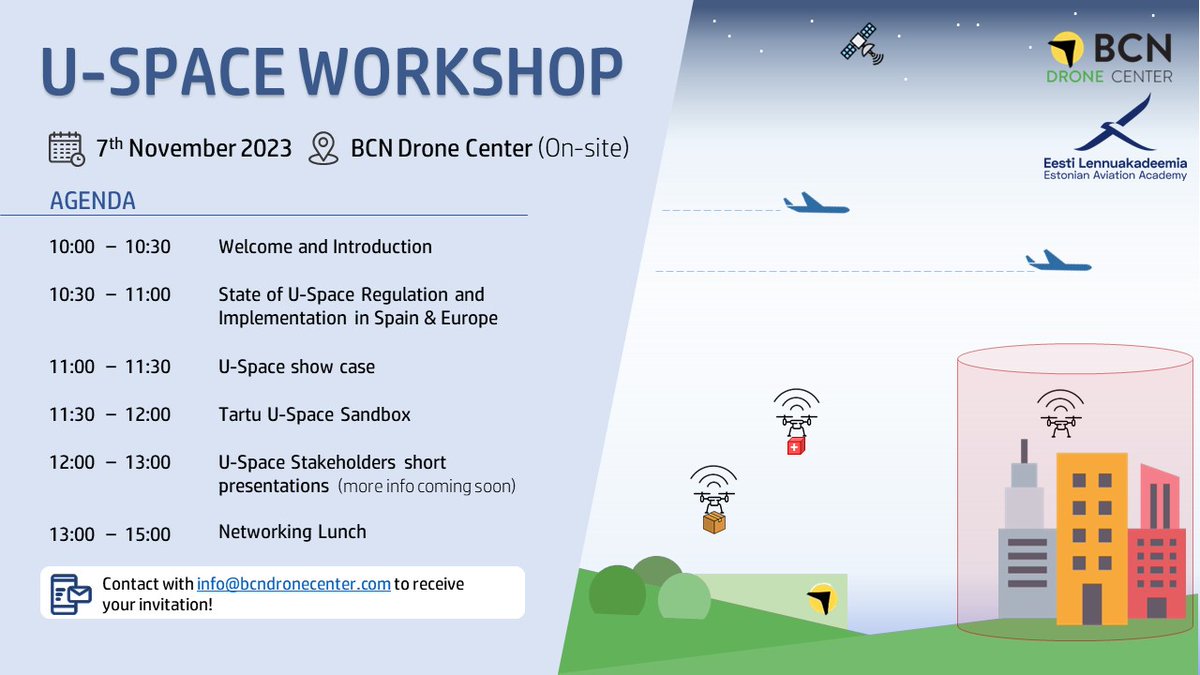 📅 | The 7th of November you have an appointment! 
Come to the U-Space Workshop in BDC and get updated about the new regulation and implementation in Spain and Europe of this concept. Know more about UAS airspace management while meeting U-Space stakeholders.
#USpace #dronelife