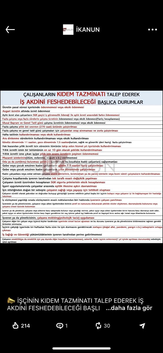 AvTarikCilekci's tweet photo. İŞÇİNİN KIDEM TAZMİNATI TALEP EDEREK İŞ AKDİNİ FESHEDEBİLECEĞİ BAŞLICA DURUMLAR: 

Not: Kıdem tazminatı talebine esas olan durumlar listedekilerden ibaret değildir. Listede başlıca durumlar sayılmıştır. https://t.co/aa9RSWlqig