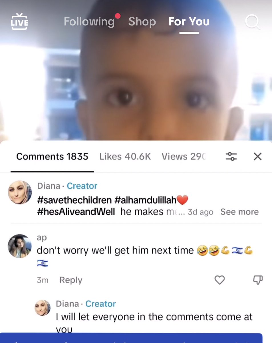 This women on tiktok posted an update that this little boy from Gaza was still alive and survived the air strike. 
An Israeli women replied with this: