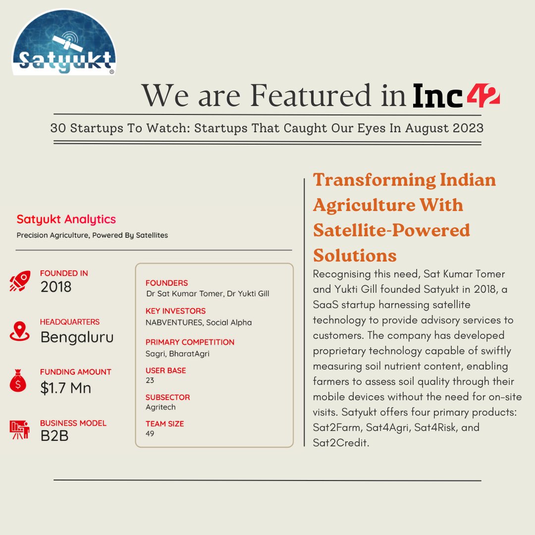 We are absolutely thrilled to share a prestigious moment!
Our company #Satyukt had the privilege of featuring in India’s largest tech media platform #Inc42, a renowned media dedicated to celebrating innovation and entrepreneurship and the remarkable journey of startups in India.