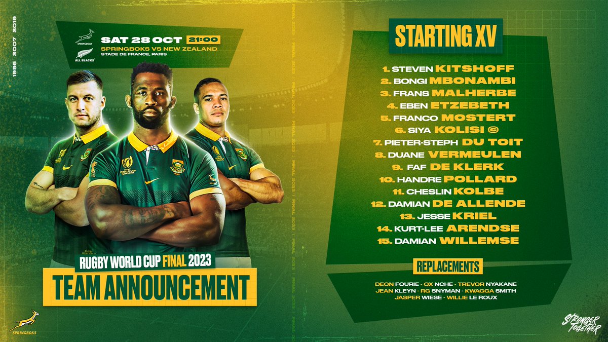 The most experienced #Springboks team ever will line up for the #RWC2023 Final against New Zealand in Paris on Saturday - more here: tinyurl.com/yf264vsd 🇿🇦
#StrongerTogether