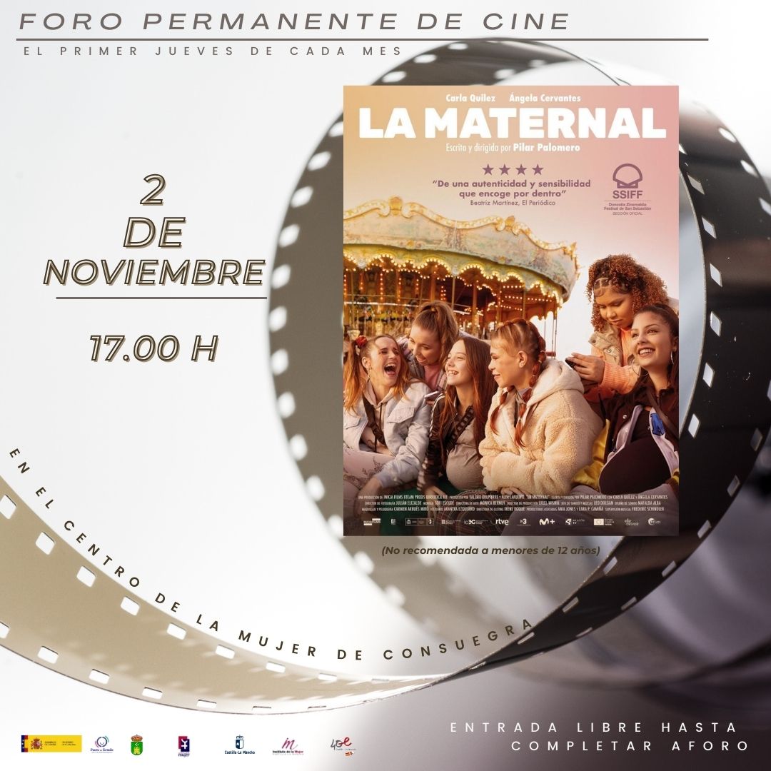 📣 <a href="/CMujerConsuegra/">Igualdad Consuegra</a>  Foro permanente de cine🎞. El primer jueves de cada mes.

🗓 Próximo jueves 2 de noviembre, disfrutaremos de la película "LA MATERNAL", de Pilar Palomero.

📍 Sala polivalente Centro Mujer Consuegra
👉wp.me/p8qNzg-k50

#cine