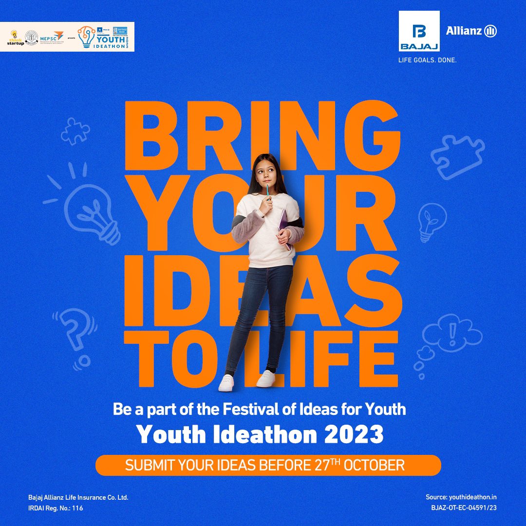 Bajaj Allianz Life is proud to sponsor Youth Ideathon 2023 - India’s Largest Festival of Ideas for School Students from Class 4 to Class 12.

Calling out to all the young, brilliant minds to share their ideas by October 27th and get a chance to win an Innovation Grant 🚀.