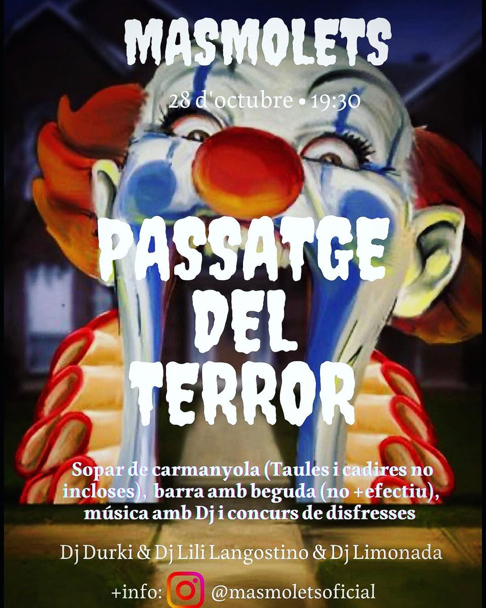 👹 Aquest dissabte Masmolets celebrarà el passatge del terror amb sopar, música i concurs de disfresses. Us hi sumeu?

📅 Dissabte 28 d'octubre
🕘 19.30h

#Valls #Masmolets