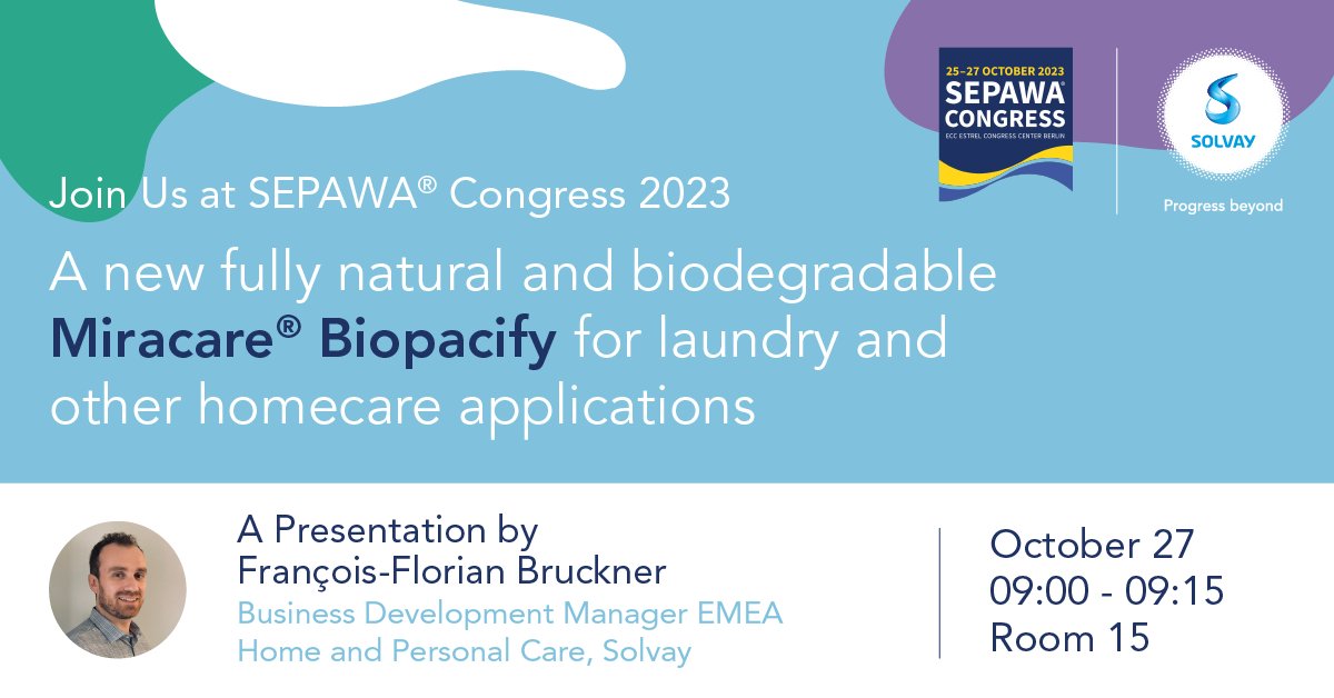 We're here at #SEPAWA2023! Don't miss our last lecture, where François-Florian Bruckner unveils the opacifying power of Miracare® Biopacify: a fully natural and biodegradable #laundry technology. Stop by Room 15 at 9:00 on October 27 to learn more. bit.ly/3QuEJPv