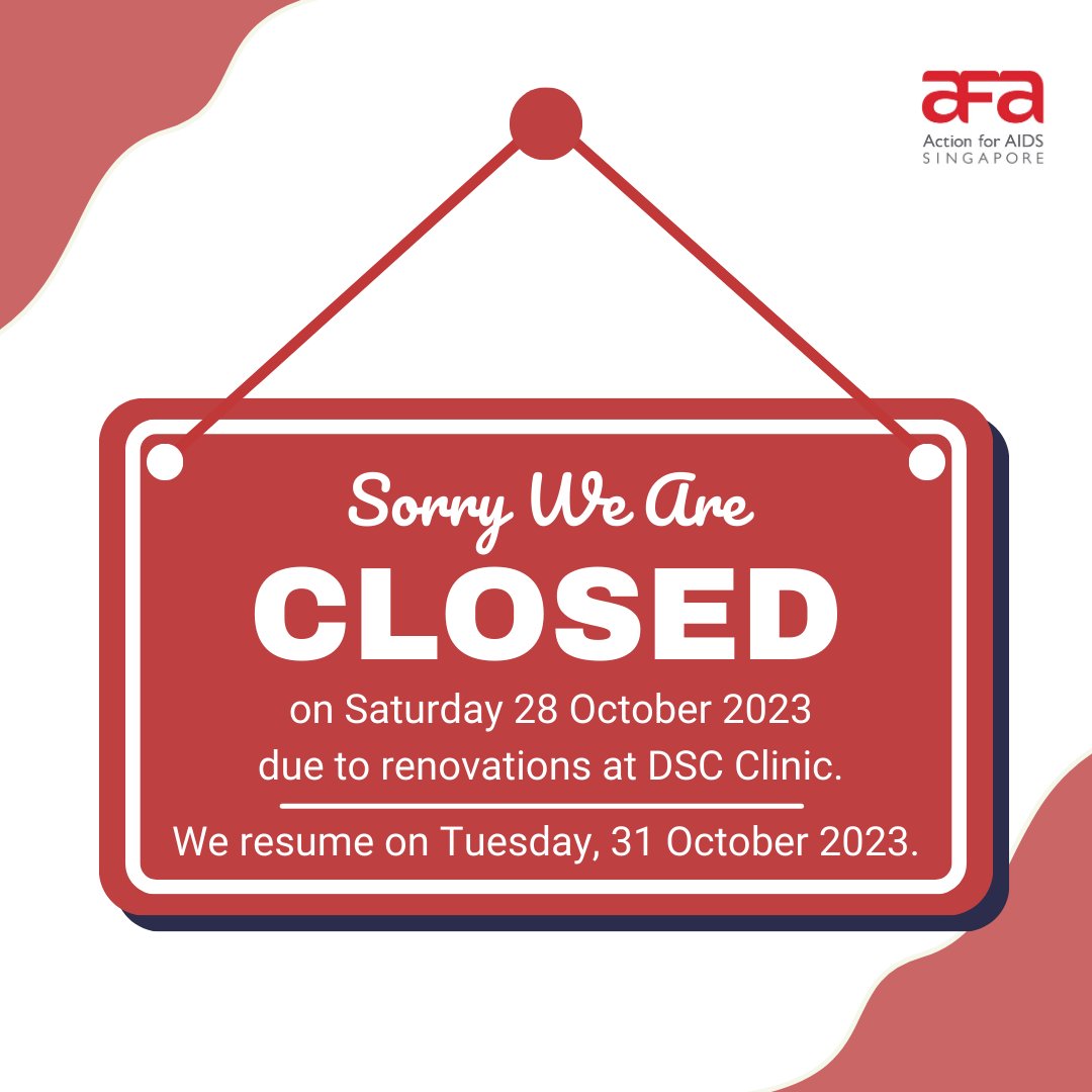 The Anonymous Testing Service (ATS) will be closed on Saturday 28 October 2023 due to renovation work at DSC Clinic. We will resume services on Tuesday 31 October 2023.

More info: afa.org.sg/ats

#anonymousHIVtesting #HIVtest