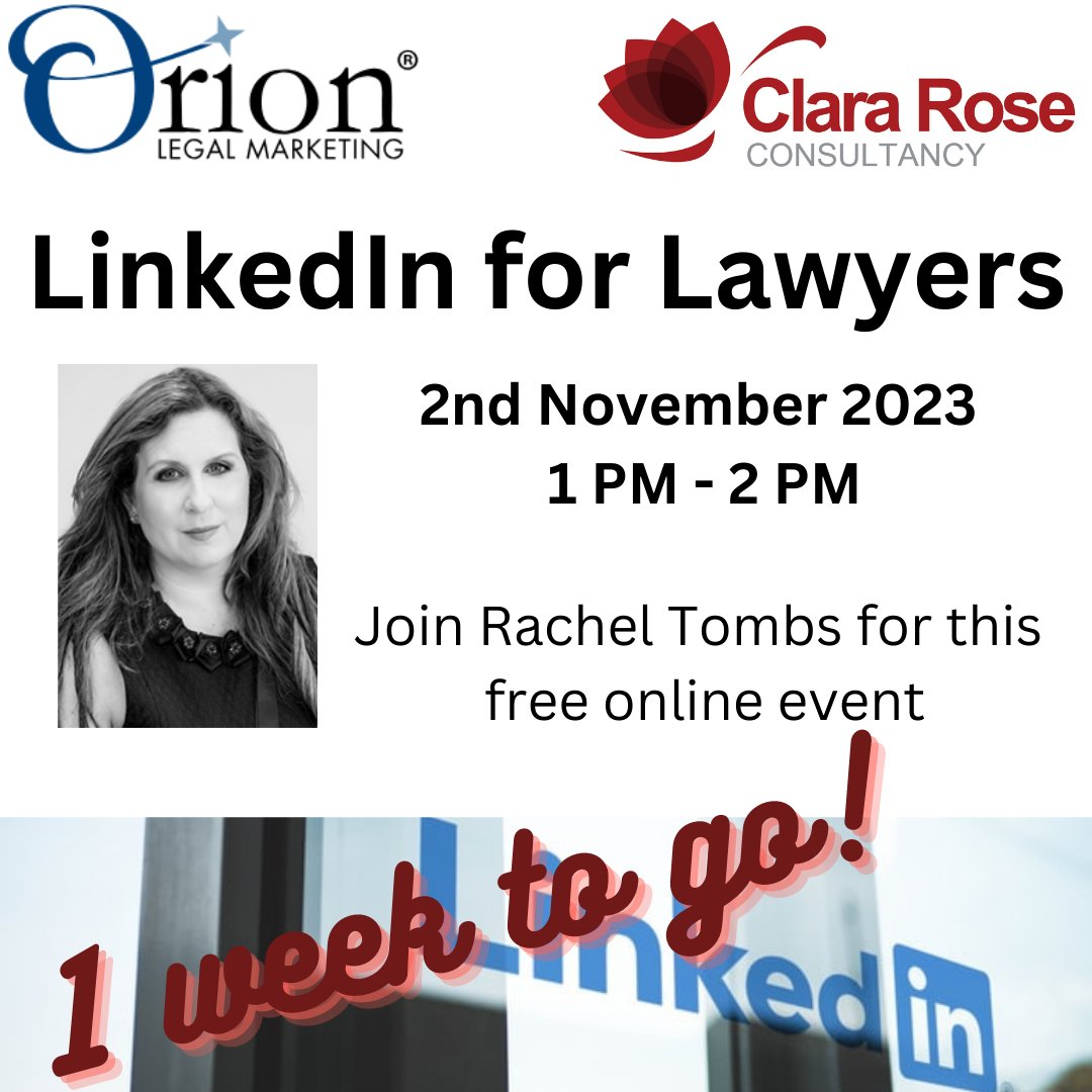 1 week to go until our free online event.
Book via Eventbrite - link in bio.

#Linkedin #Lawyers #Solicitors #linkedintips #linkedinstrategy #linkedinprofile #orionlegalmarketing