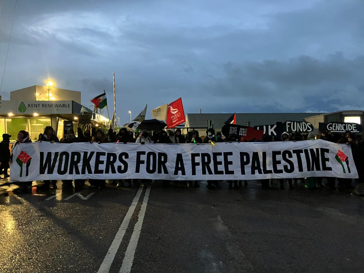 The group, picketing outside of Instro Precision's Kent-based site, are holding giant banners that read 'Workers for a Free Palestine' and 'UK: Stop Arming Israel'. The group includes health workers, teachers, hospitality workers and academics.