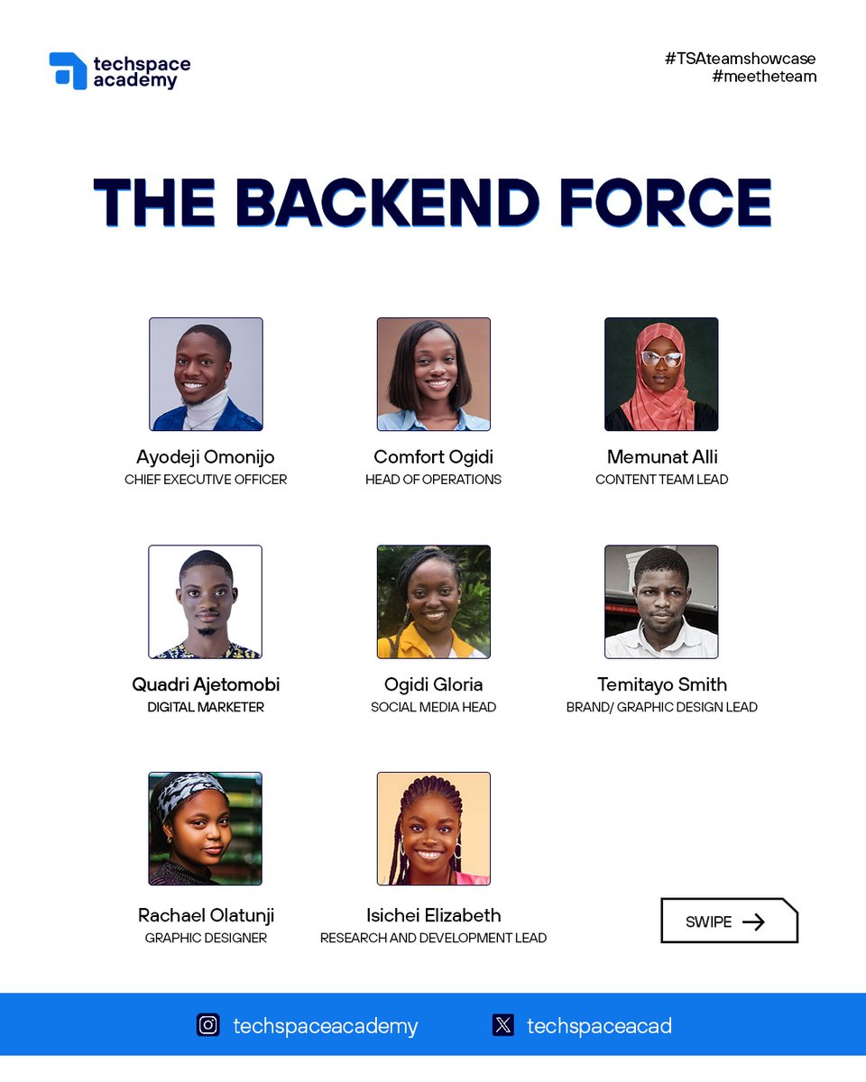 TechSpaceAcad's tweet photo. Hey TechSpace Fam👋. Today we'll be meeting the Team's 
members, you know like they always say "A tree can't make a forest" Let's meet the amazing people who are always behind the scenes in ensuring TechSpace Academy thrive and succeeds. https://t.co/KLZPJ0LPjX