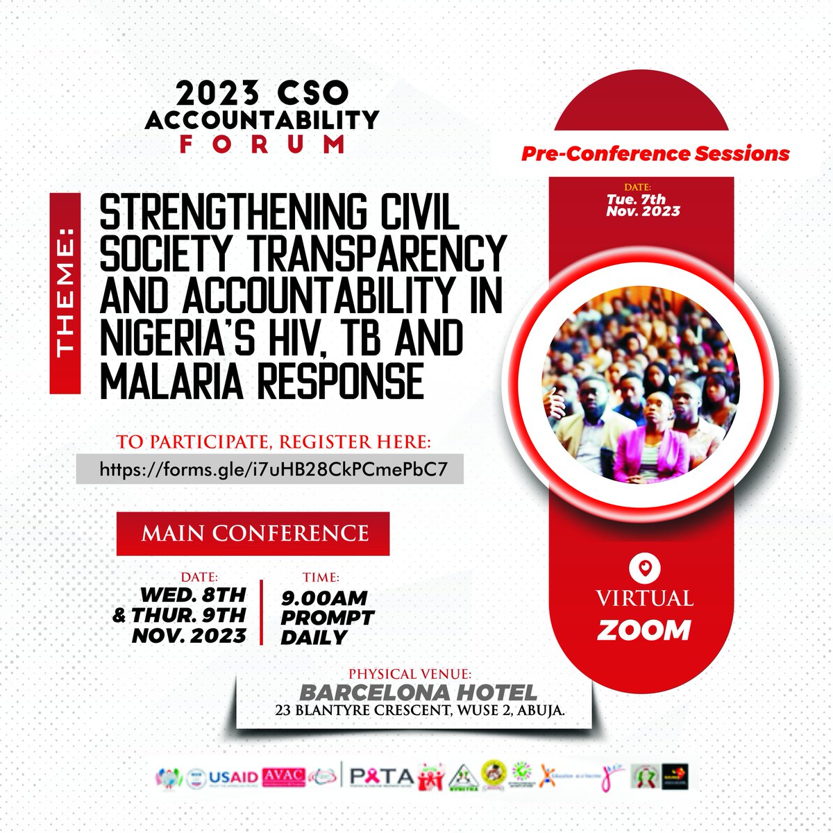 Join the 2023 CSO Accountability Forum –By CiSHAN Nigeria

The 2023 Civil Society Organization Accountability Forum is themed: Strengthening Civil Society Transparency &amp; Accountability in Nigeria’s HIV, TB, &amp; Malaria Response.

To participate, register at forms.gle/i7uHB28CkPCmeP…
