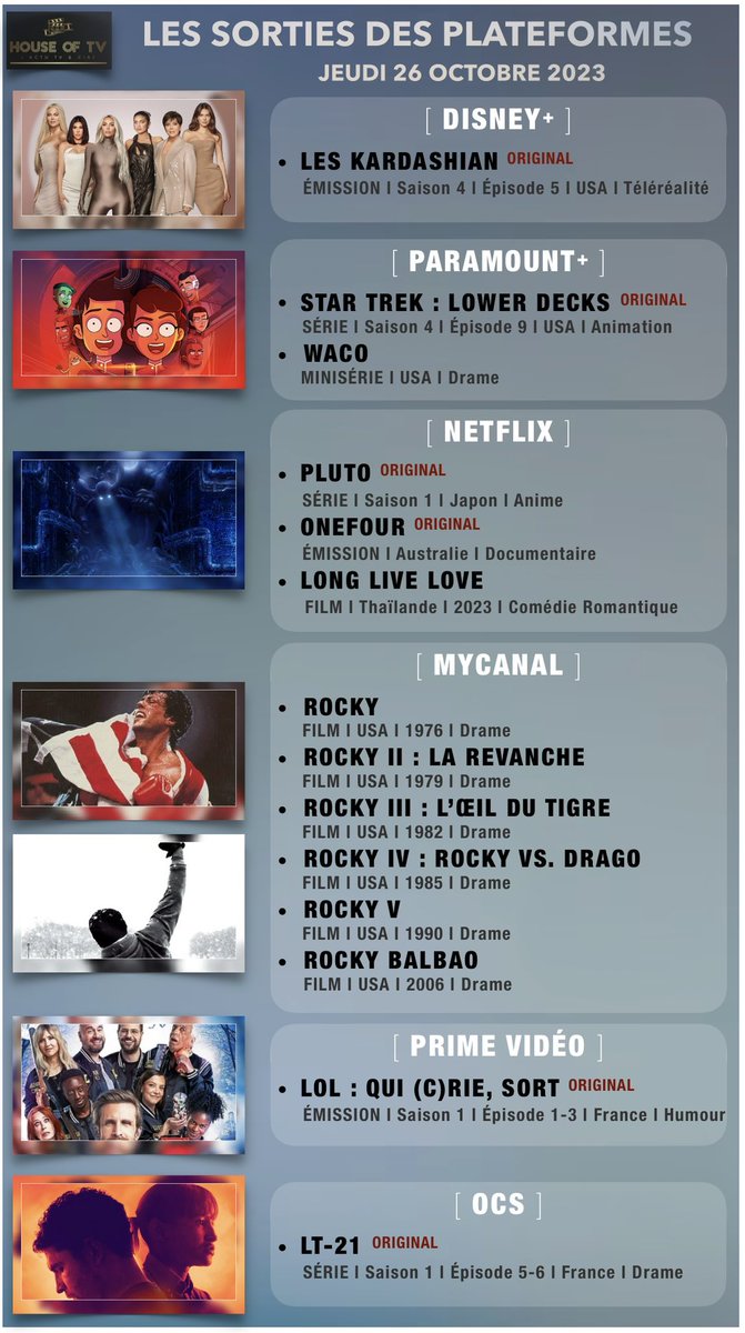 HouseOfTV1's tweet photo. Ce jeudi 26 octobre sur Disney+, Paramount+, Netflix, MyCanal, Prime Vidéo et OCS.
#LT21 #LolQuiCrieSort #Pluto #TheKardashians https://t.co/QWNEp8TfTQ
