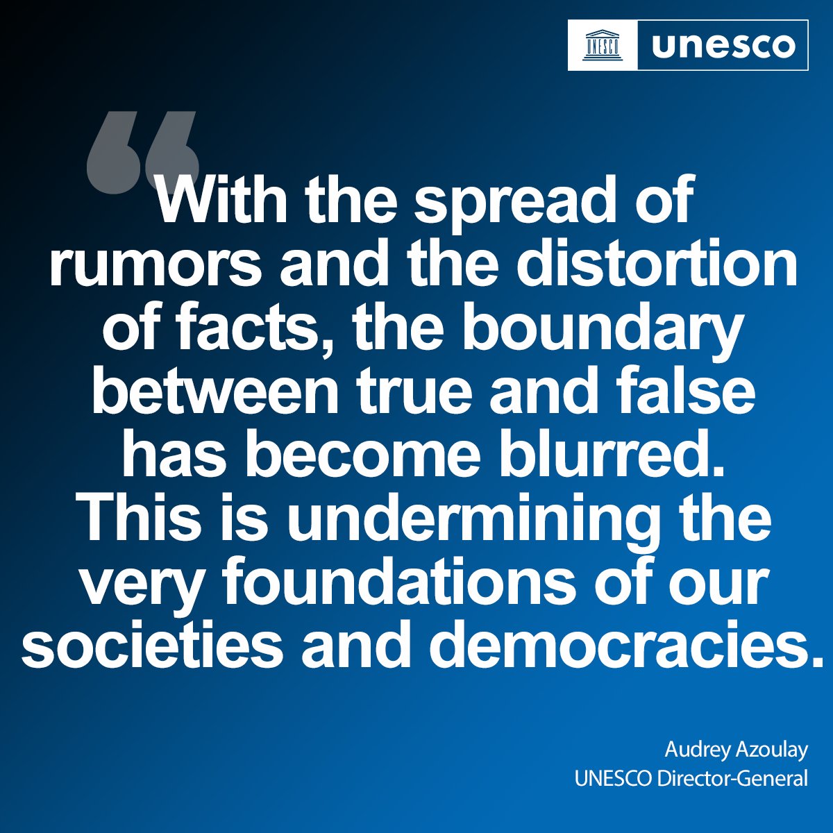 The lack of verified & quality information threatens the very foundations of society and democracy.

More than ever, we need media & information literacy to counter disinformation.

How #GlobalMILWeek tackles digital challenges: on.unesco.org/2BEmVdC #ThinkBeforeSharing