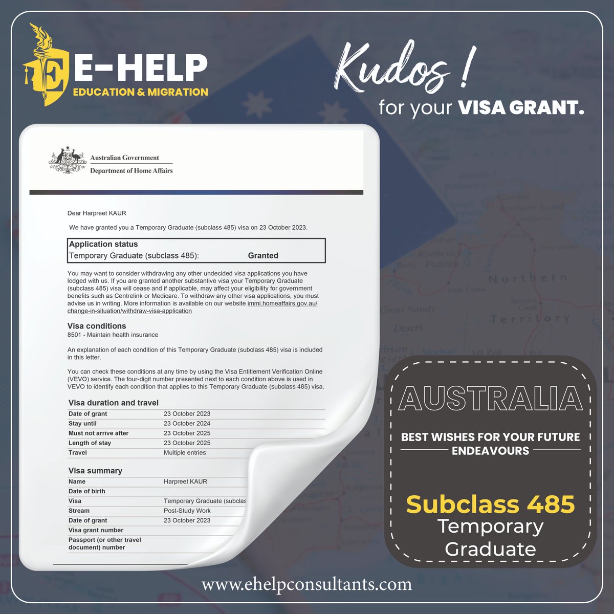EHelp_education's tweet photo. CONGRATULATIONS to our clients for receiving their Temporary Graduate Visa (subclass 485)!🎉🎉
Start your journey now and let’s make your dreams a reality just like our Clients!
Website: https://t.co/ZVYDP12iQj
Email: contact@ehelpconsultants.com

#TGVISA #TemporaryGraduateVisa https://t.co/XvGIm9iekA