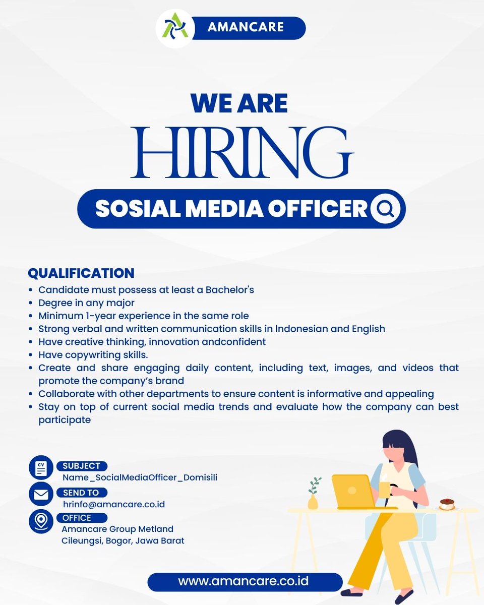amancarecrew's tweet photo. 📢 We Are Hiring Social Media Officer✨

Yuk, segera kirim CV terbaik anda ke email yang tertera dengan subjek 'Name_Position_Domisili' mari bergabung menjadi bagian dari Amancare Group🤗

#loker #lokersocialmedia #socialmediaofficer #contentcreator #lokerjabodetabek #lokerbogor https://t.co/7ip19u6ldu