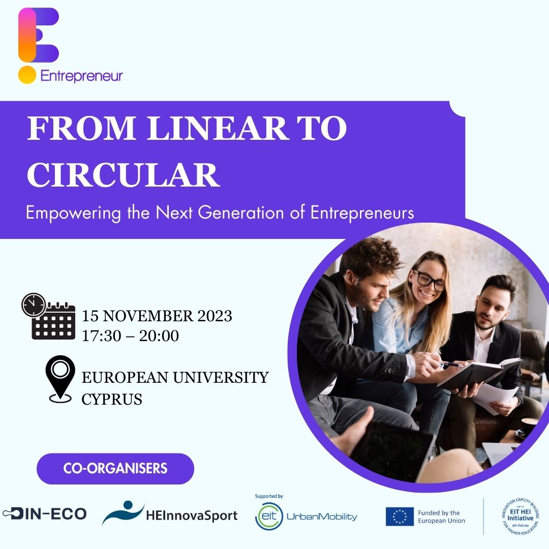 Entrepreneur_eu's tweet photo. 🗓Date: 15 November 2023
⏲Time: 17:30–20:00
📍Venue: European University Cyprus
👉Save your spot: https://t.co/de2AFaM1TT
This is a joint event between the Entrepreneur project, DIN-ECO Project and HEInnovaSport projects, funded by the EIT HEI Initiative.
#entrepreneurproject https://t.co/upE5IuFvMM