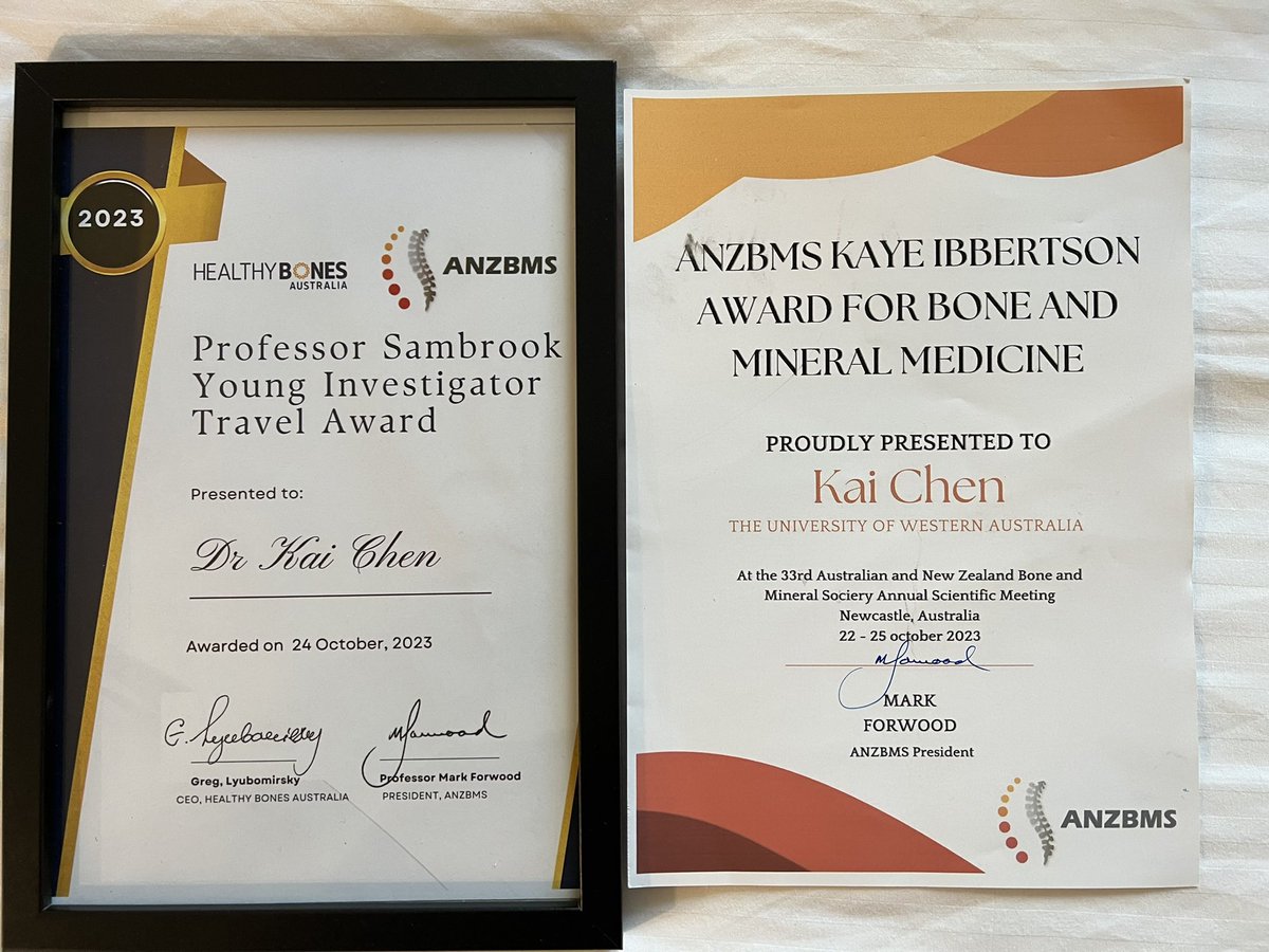 #ANZBMS2023 in Newcastle, AU Returning to Perth with two prestigious awards from @ANZBMSoc @ANZBMS_ECIC @healthybones_au Really appreciate the recognition and support from the ANZ bone society!! Looking forward to more great science ahead @UWAresearch @SMS_UWA @biomedanalysis