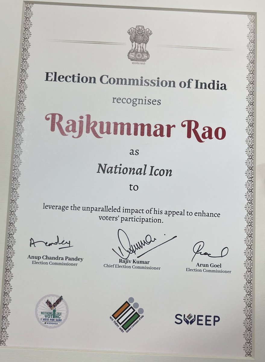 Actor <a href="/RajkummarRao/">Rajkummar Rao</a> appointed as National Icon of #ECI

From On-Screen Elections in 'Newton' to Off-Screen Voter Awareness Hero, it is “ Lights, Camera, Vote !” for #RajkummarRao Rao all the way. 

#ECI #RajkummarRao #NationalIcon