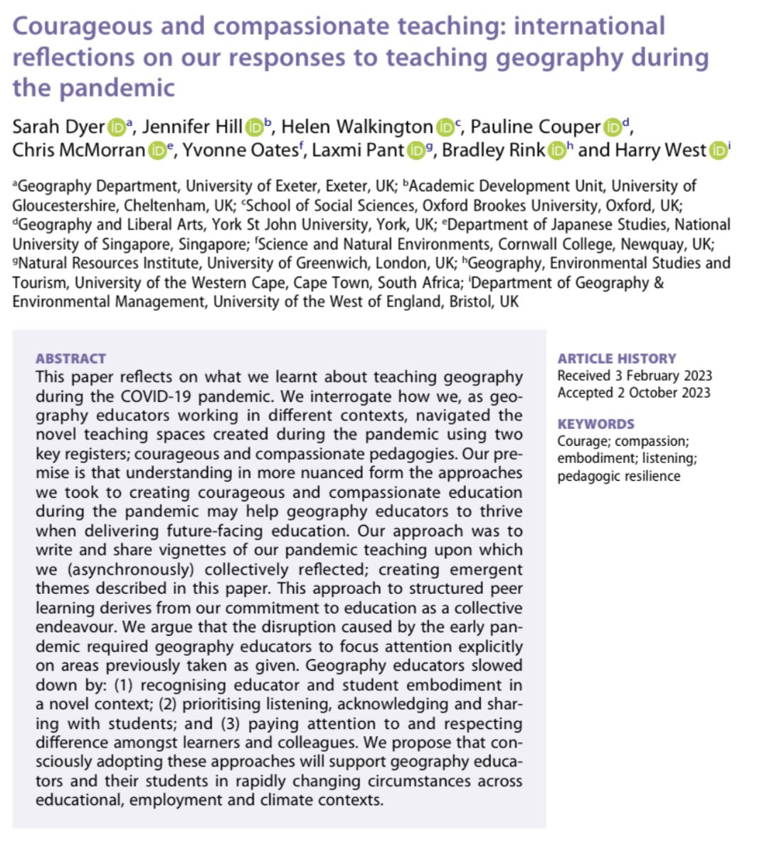 Harry West (@harryjwest) on Twitter photo Great news to see our paper in <a href="/JGHE_Journal/">Journal of Geography in Higher Education (JGHE)</a> now published online! This was an interesting collaborative idea led by Sarah, Jenny and Helen for geography educators to reflect on our experiences of the pandemic through the lens of courageous and compassionate pedagogies 📗 Great news to see our paper in <a href="/JGHE_Journal/">Journal of Geography in Higher Education (JGHE)</a> now published online! This was an interesting collaborative idea led by Sarah, Jenny and Helen for geography educators to reflect on our experiences of the pandemic through the lens of courageous and compassionate pedagogies 📗
