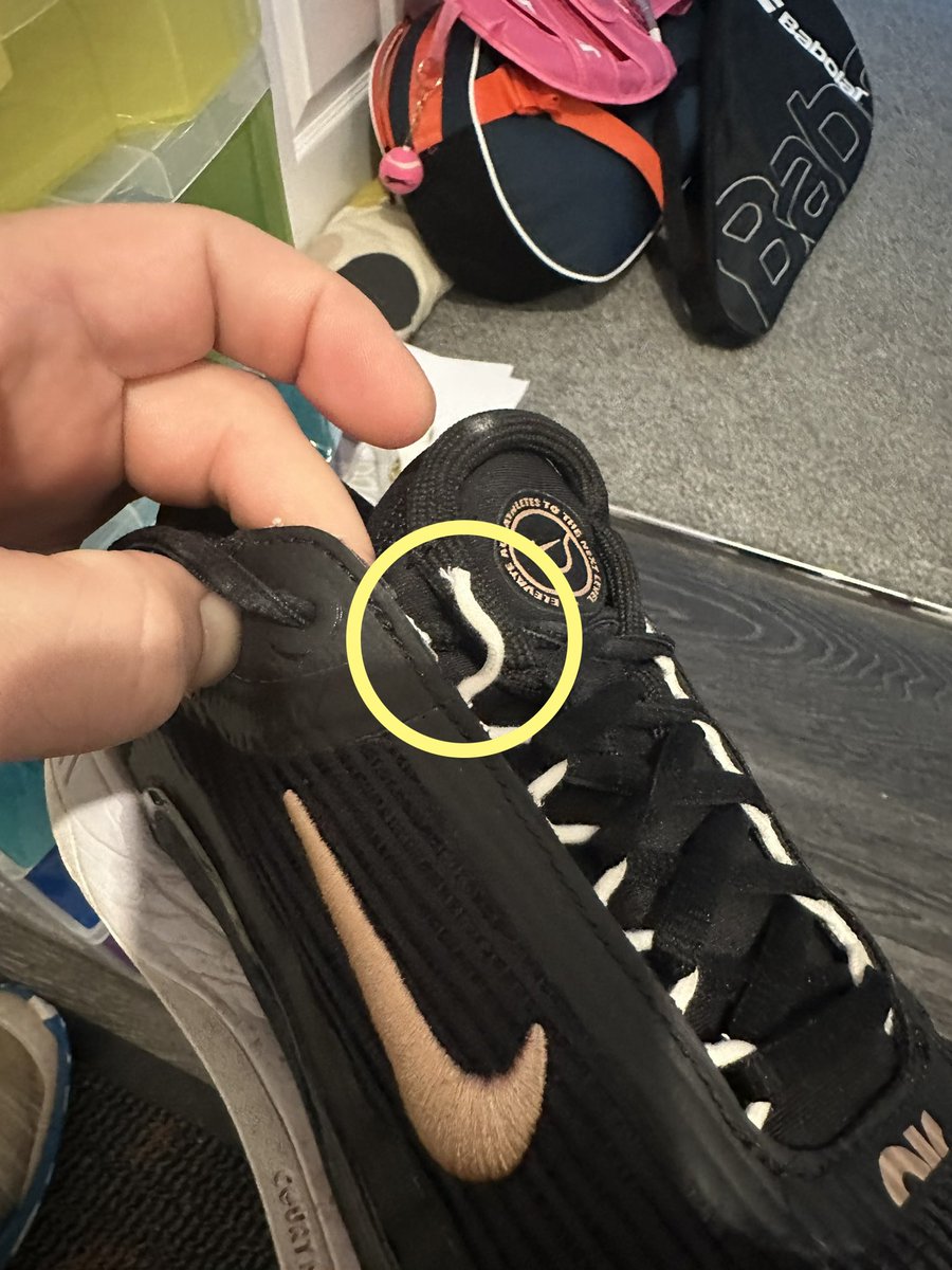 bradles00's tweet photo. @Nike @nikelondon what is happening with your tennis shoes? Two pairs of tennis shoes, less than a few months old, eyelets broken, can’t return as ‘used’….c.£250. Really disappointed #tennis https://t.co/zCIpENJRPH