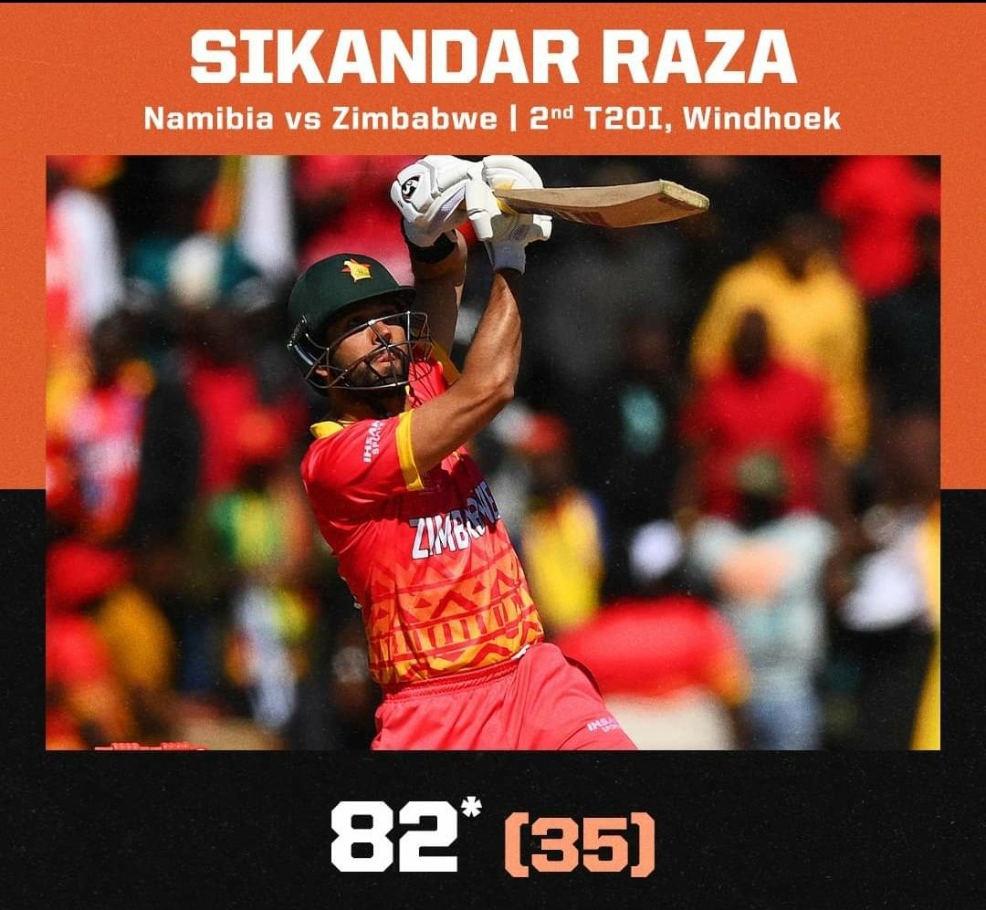 35 balls, 3 fours, 9 SIXES 🔥

Chased down 18 in the last over to win it for Zimbabwe and make it 1-1 💥

The show-stealer, Sikandar Raza for you 👏

#NAMvZIM #SikandarRaza @SRazaB24