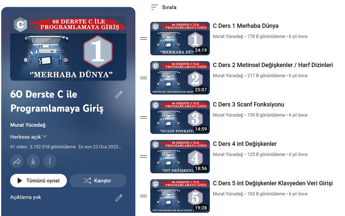"Yazılıma başlamak, bir yerden ilk adımı atıp kodlama öğrenmek istiyorum" diyenler için tamamen ücretsiz olarak hazırladığım, hiçbir kodlama bilginiz olmasına gerek olmayan, her şeyi sıfırdan adım adım ve uygulayarak öğreneceğiniz, bolca uygulama ve ödev yapacağınız "60 Derste C
