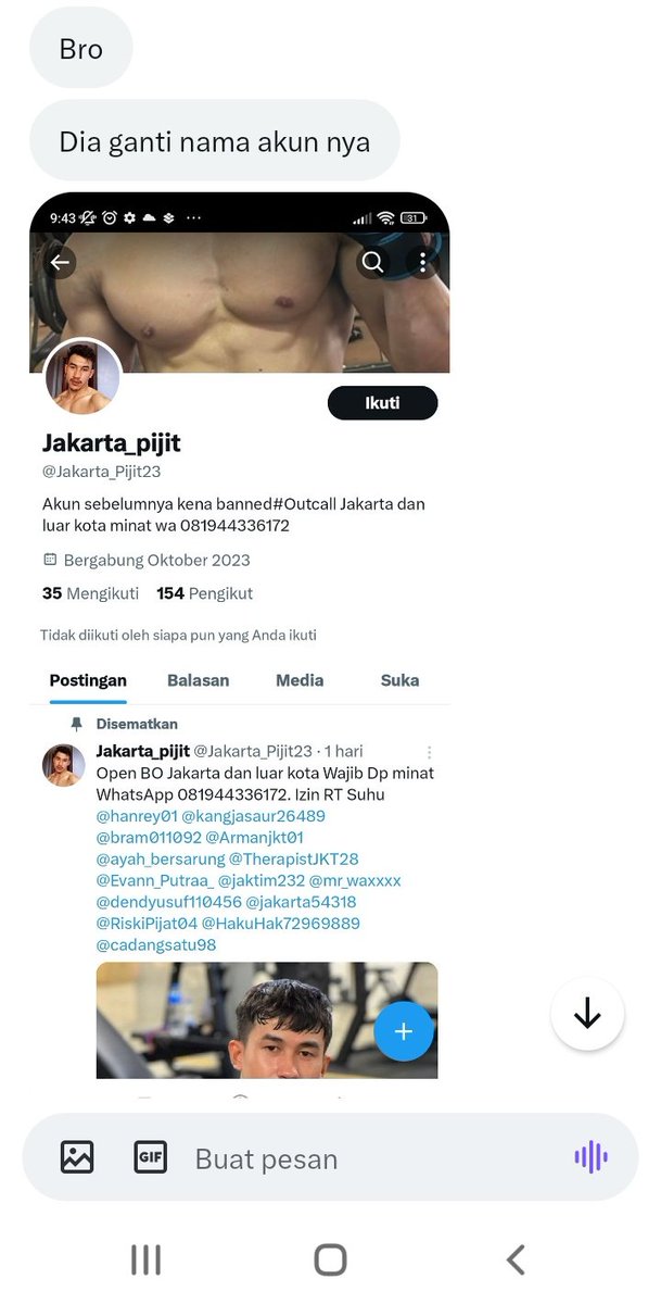 BoyTopBig's tweet photo. Akun penipu ganti nama dari @Jakarta_Pijit23 menjadi @jakarta_pijit23 nomer WA masih sama https://t.co/8SHa1QktDi
