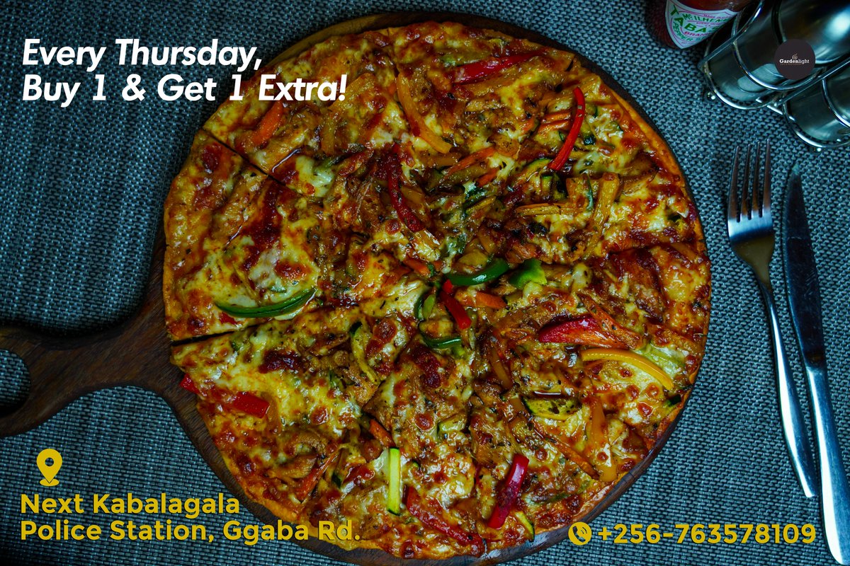 GardenlightUg's tweet photo. Save the date, it's once a week! Every Thursday with @GardenlightUg, buy one pizza of your choice and get one for free.

Find us in Kabalagala next the Police Station
Call Us: +256-763578109

#SatisfactionGuaranteed #GardenlightCafe https://t.co/h4F0KDizzn