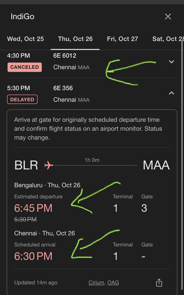 reshmashriyan's tweet photo. @IndiGo6E after following up they now updated the 4:30 pm as cancelled and look at 5:30 pm flight which is delayed.. flight looks like is traveling back in time https://t.co/Q7iUjfUh91