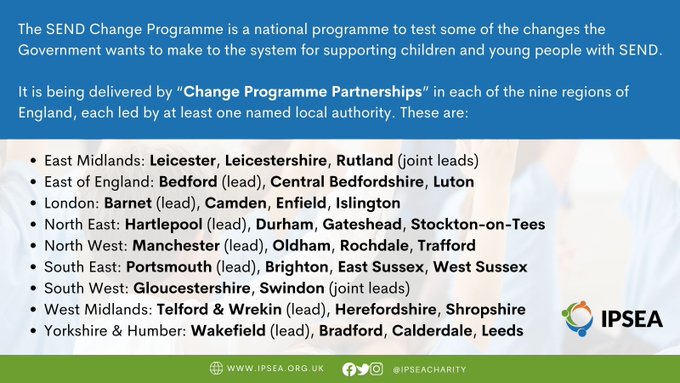 Parents/carers – do you live in one of the local authority areas below? The SEND Change Programme is being tested in your area. It’s important to understand that the programme can’t introduce changes that are outside the law. Know your child's rights. ipsea.org.uk/send-change-pr…