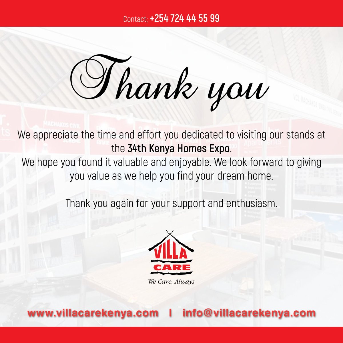 Thank you once more! The #34thKenyaHomesExpo was a success because of your support. Be on the lookout for the #35thKenyaHomesExpo next year in April!

#thankyou #customersatisfaction #weappreciateyou #uhurukenyatta